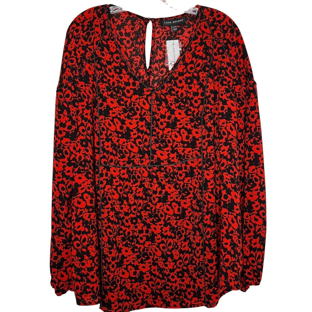 Lane Bryant NWT Top Red and Black Floral Print Peasant Shirt Plus Size 18/20
